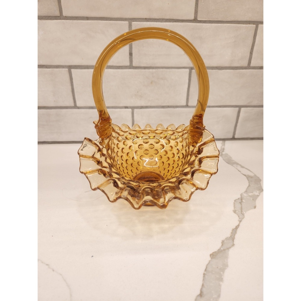 Fenton Vintage Amber Hobnail Glass Basket Ruffled Crimped Edges - Picture 5 of 9